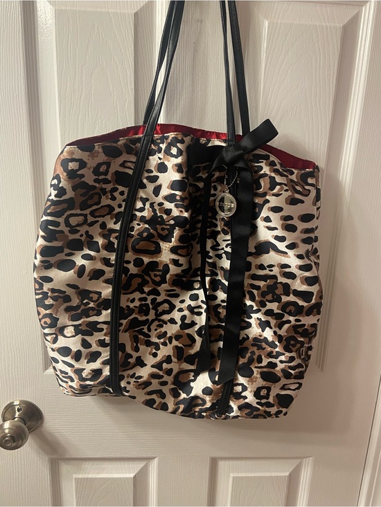 Chico's Handbags - Chico's Leopard-Print Satin Tote with Black Trim and Red Lining